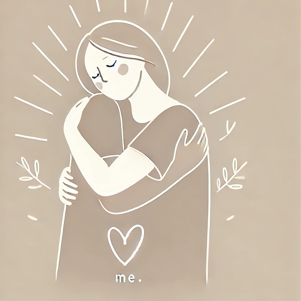 Person hugging themselves with a heart and the word 'me', representing self-kindness