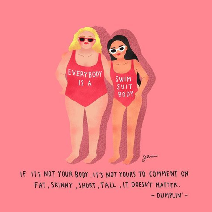Illustration of two women in red swimsuits reading 'Everybody is a swimsuit body'