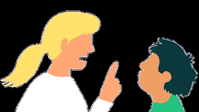 Illustration of an adult wagging a finger at a young child, like a critical parent