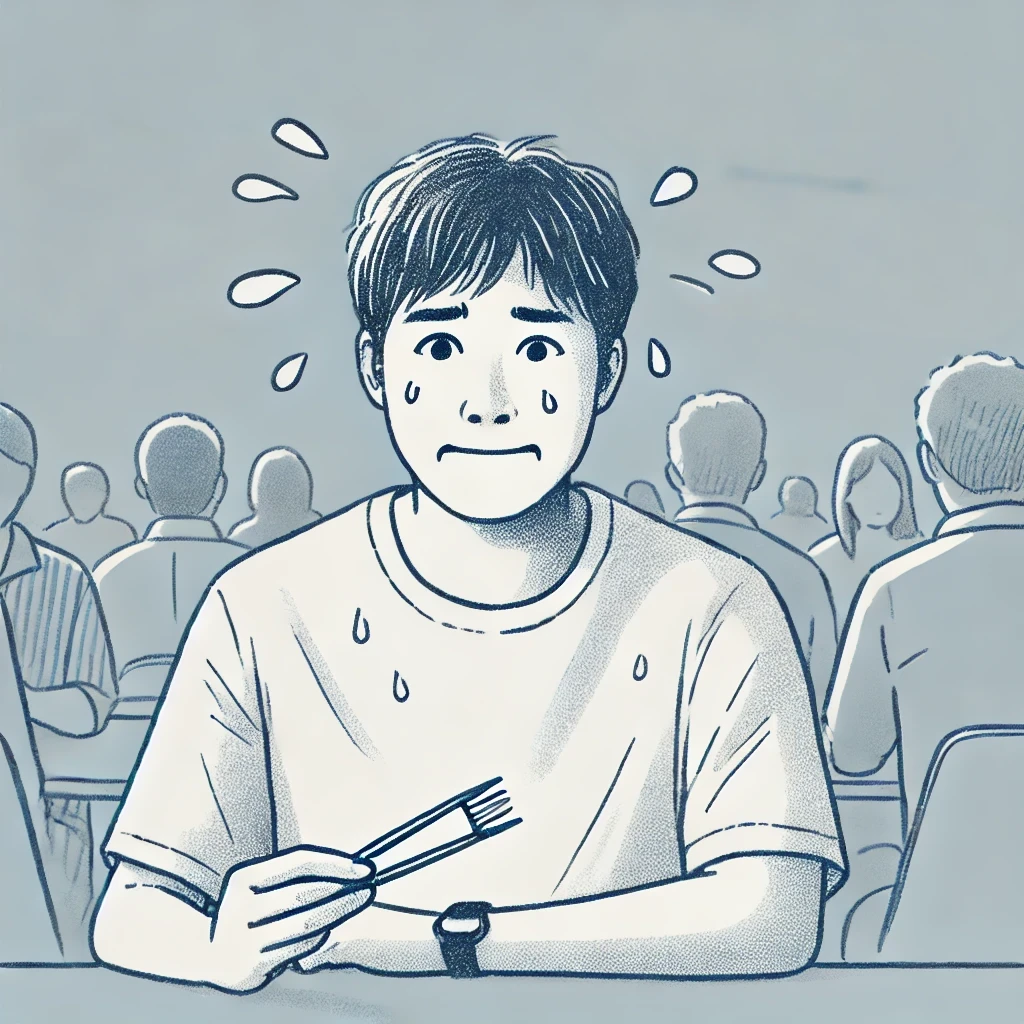 Illustration of an anxious sweating person holding chopsticks while seated in a crowd