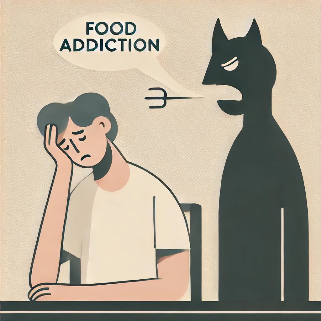 Illustration of a distressed person beside a looming shadow figure saying 'Food addiction'