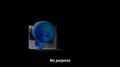 Sad blue animated soul character with the subtitle 'No purpose'