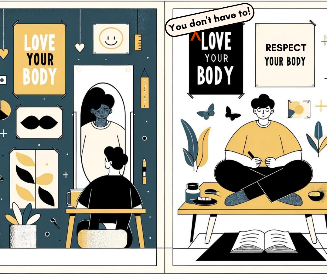 Two-panel illustration contrasting 'love your body' with 'you don't have to; respect your body'
