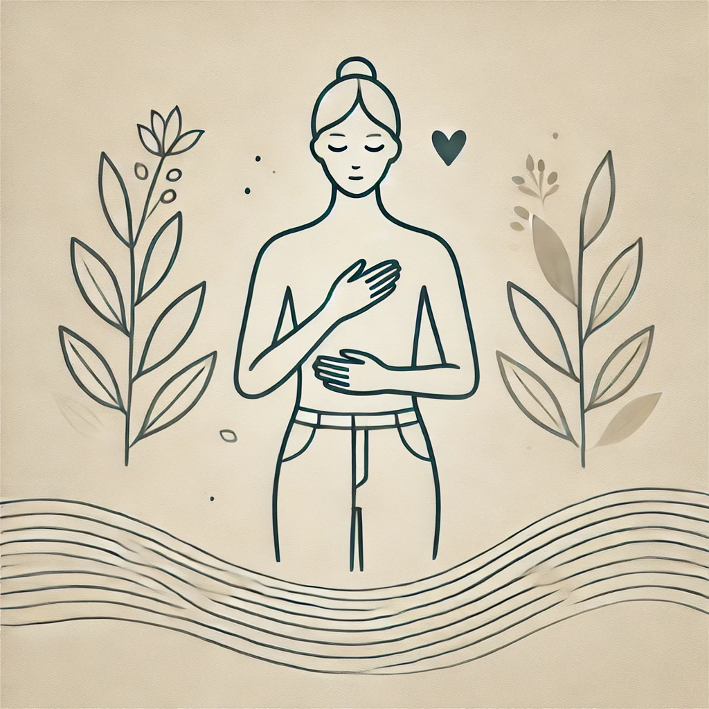 Person resting a hand on their chest amid plants and calm waves, representing mindfulness