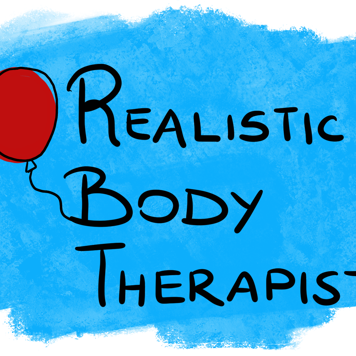 Realistic Body Therapist logo: a red balloon beside the brand name on a blue watercolour background