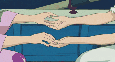 a cartoon of two people holding hands in front of a table