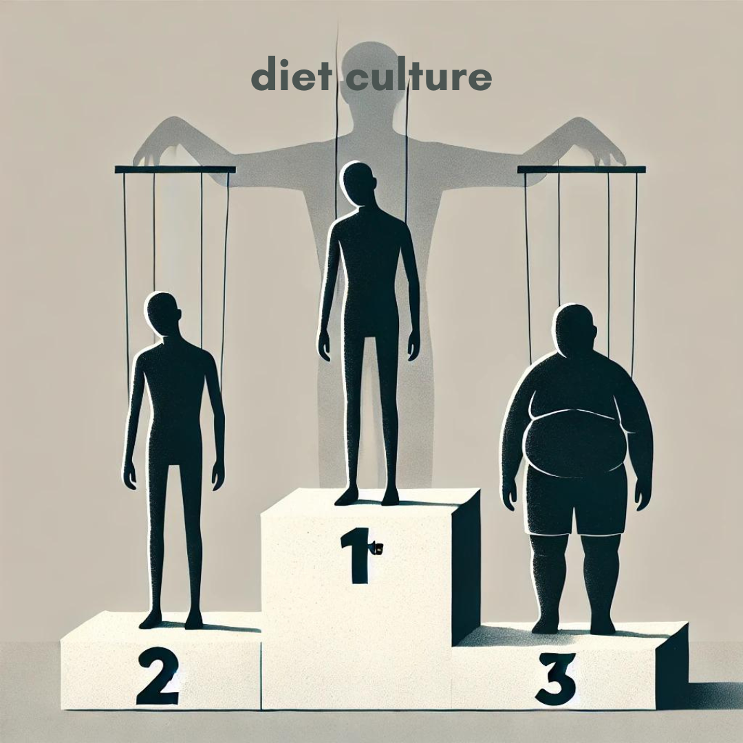 Three figures of different body sizes on a winners podium controlled by 'diet culture' marionette strings