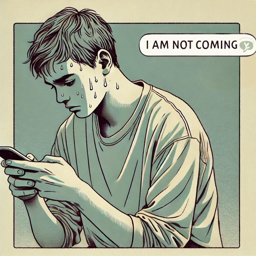 Illustration of a tearful person looking at a phone showing the message 'I am not coming'