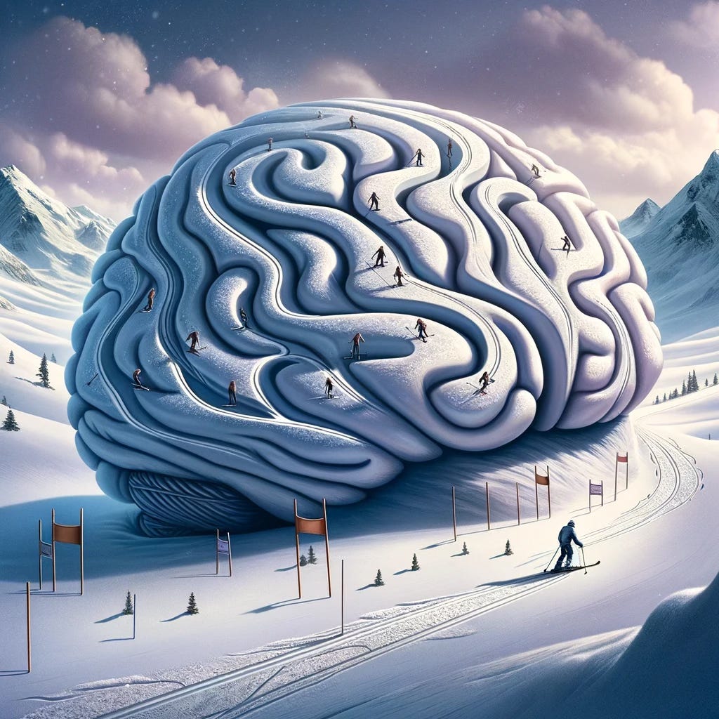 Skiers carving tracks down a giant brain-shaped snowy slope, illustrating the snow analogy